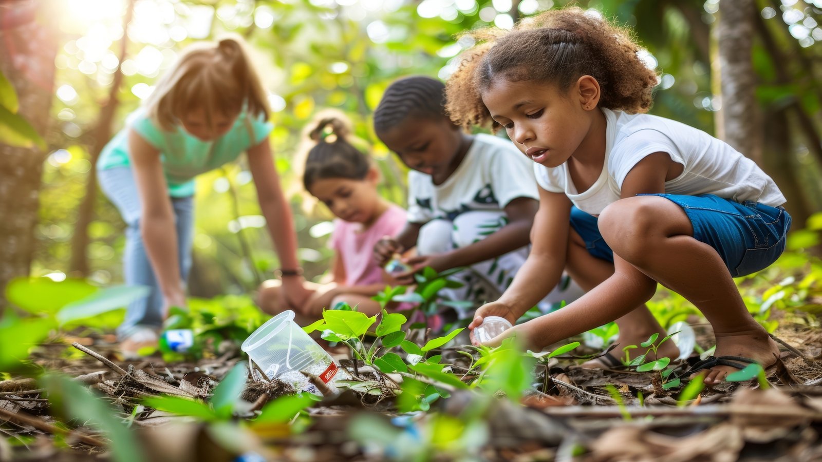 Professional vibrant photo of a group of 4-9 year old kids diligently picking up litter in a lush green forest clearing. --chaos 10 --ar 3:2 --stylize 50 Job ID: e5715da5-9eee-4319-9b94-17041110f486